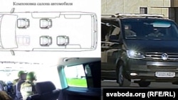 Схема автомобиля Volkswagen Caravelle, а также скриншот из видео госканала ОНТ, на котором показаны сотрудники Службы безопасности президента на автомобиле Volkswagen Craravelle (слева внизу) и микроавтобус Volkswagen Craravelle в кортеже Лукашенко (справа)