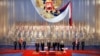 General view of the inauguration ceremony in the Kremlin Palace with (L-R in middle of stage) Vladimir Tumanov, Chairman of the Constitutional Court, Nikolai Ryabov, Chairman of the Central Electoral Commission, Prime Minister Viktor Chernomyrdin, Boris Y